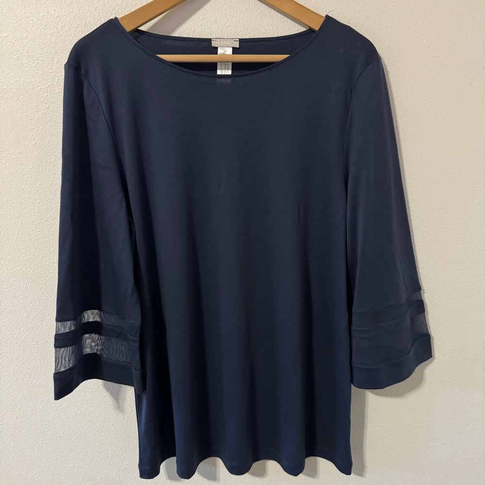 Hanro 3/4 Illusion Sleeve Boat Neck Top Navy Organic Cotton Loungewear-Medium
